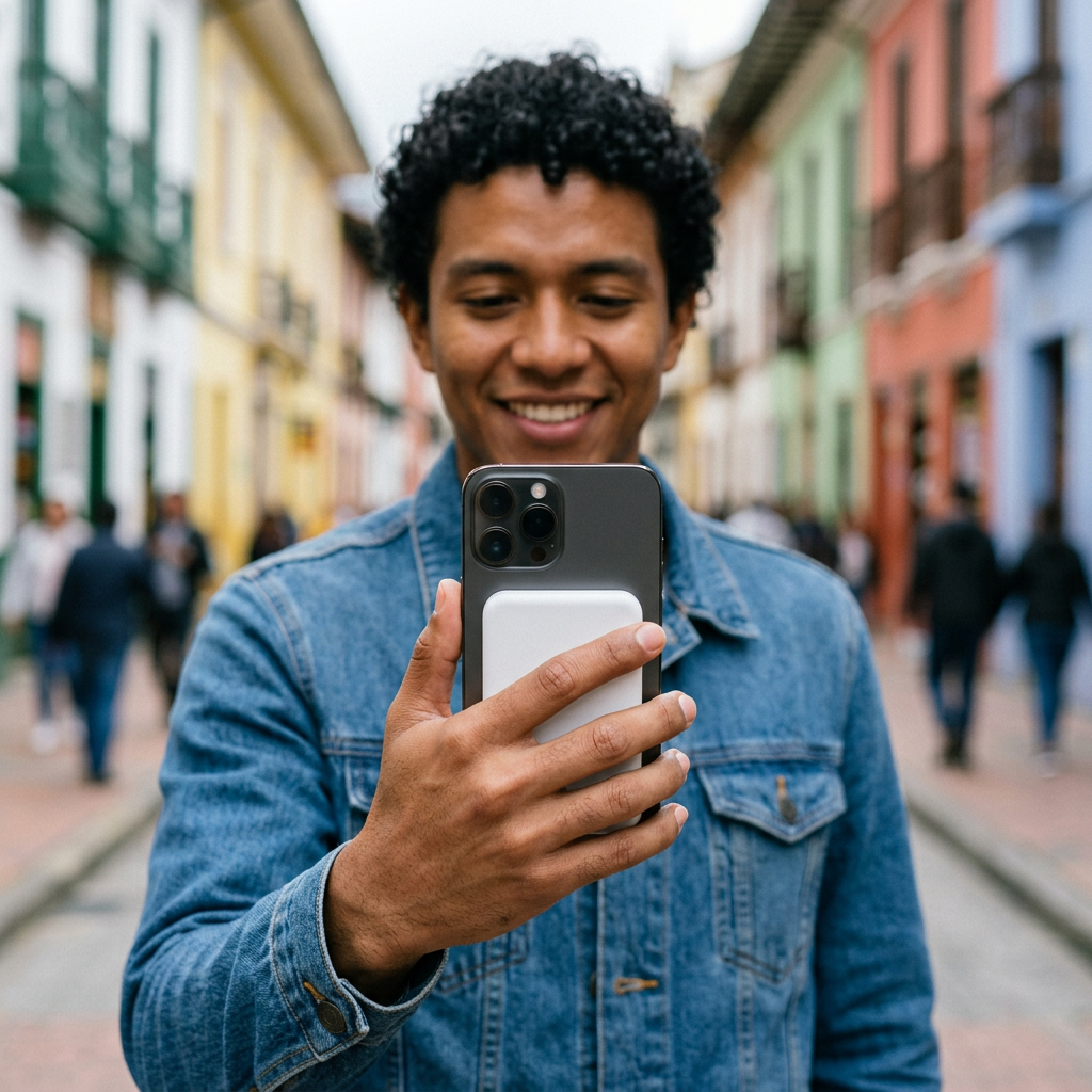 Joven caminando por la calle usando su iPhone con la power bank magnética pegada