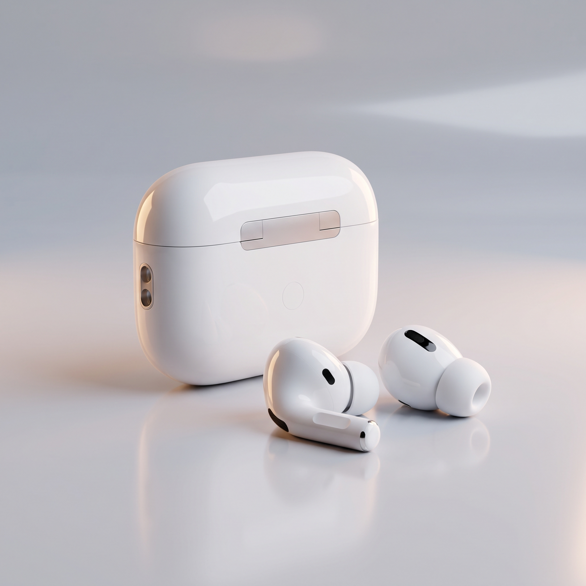 Audífonos con sus gomas junto al estuche de carga
