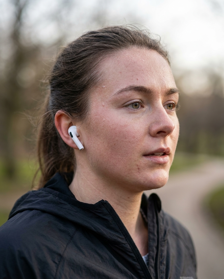 Mujer usando los audífonos mientras sale a correr