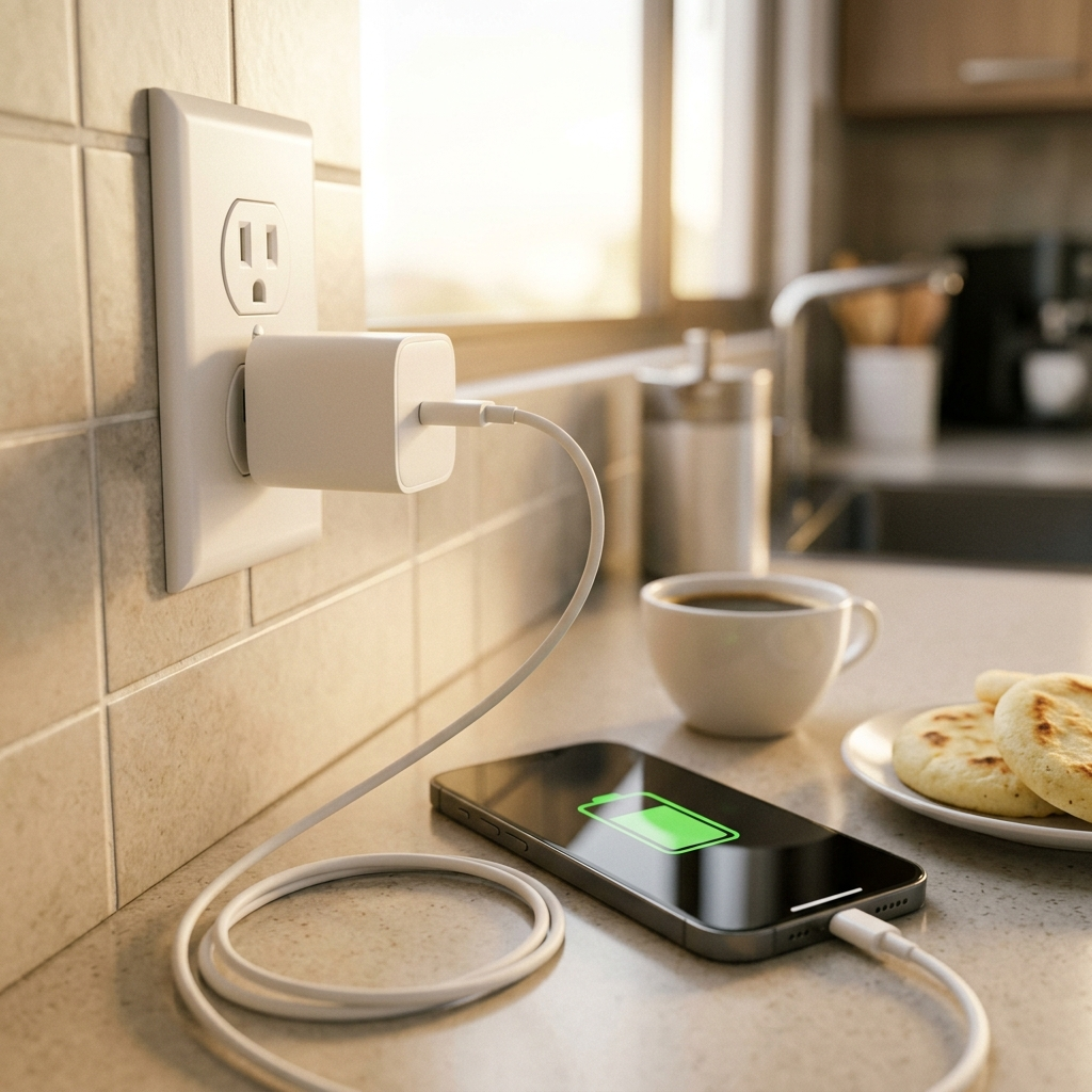 Cargador conectado en la cocina cargando el celular en la mañana